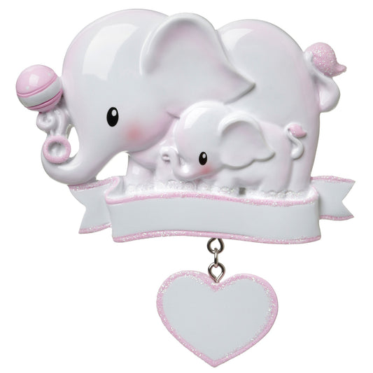 Baby Elephant and Parent Personalized Christmas Ornament/Pink or Blue