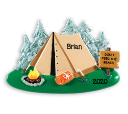 Camp Tent & Camp Fire Personalized Christmas Ornament