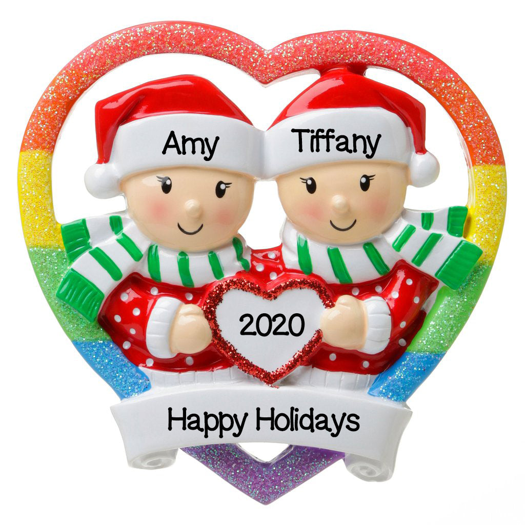 Rainbow Heart Gay Couple Personalized Christmas Ornament/Lesbian Partners/LGBTQ