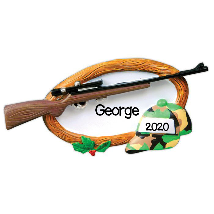 Camouflage Hat & Hunting Rifle Personalized Christmas Ornament