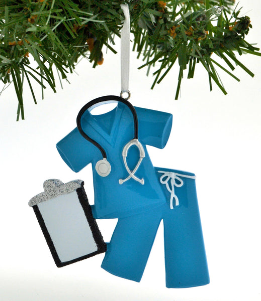 Retired Female Nurse Wearing BLUE Scrubs Ornament BRUNETTE