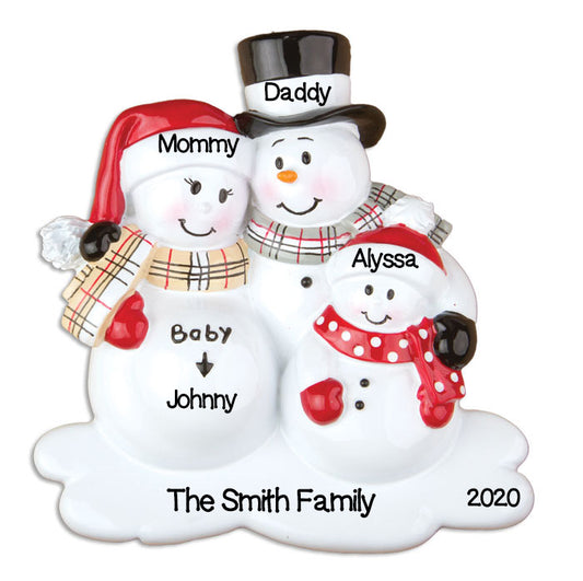 Pregnant Snowman Couple with 1 Child Personalized Christmas Ornament Family of 3