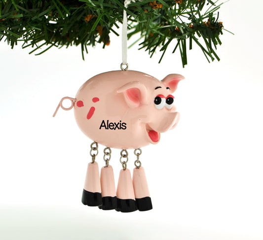 Smiling Pink Piggy with Dangling Legs Personalized Christmas Ornament