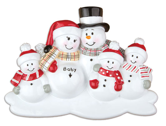 Pregnant Snowman Family with 3 Children Personalized Christmas Ornament