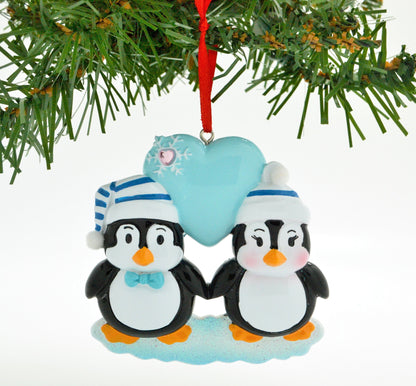 Personalized Christmas Ornament Penguin Blue Couple with Heart Snowflake/Personalized by Santa/Personalized Couple Christmas Ornament/Couple Christmas Ornament