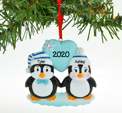 Personalized Christmas Ornament Penguin Blue Couple with Heart Snowflake/Personalized by Santa/Personalized Couple Christmas Ornament/Couple Christmas Ornament