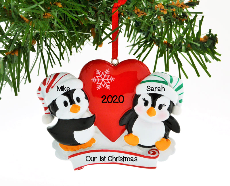 Grantwood Technology Personalized Christmas Ornament Penguin RED Couple with Heart Snowflake/Personalized by Santa/Personalized Couple Ornament/Couple Christmas Ornament/Couples Christmas Ornament